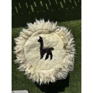Vintage Alpaca Llama Fur Peruvian Round Handmade Hide Stitched Rug Wall Art 18”